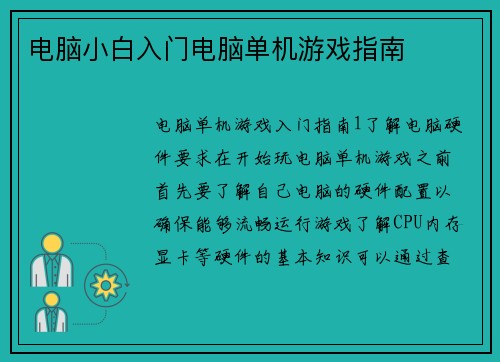 电脑小白入门电脑单机游戏指南